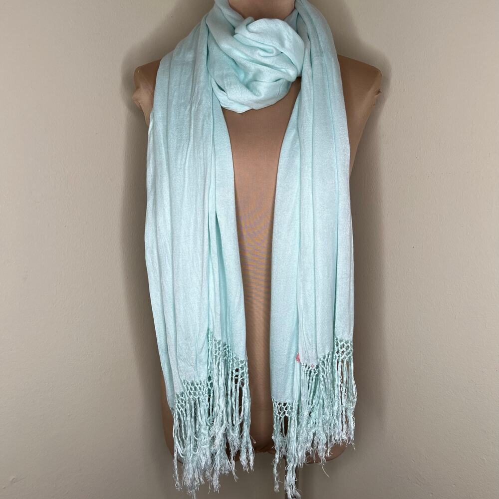 Theodora & Callum Scarf 28x76 Fringe Viscose Knit Blue Rectangle Shawl Minimal